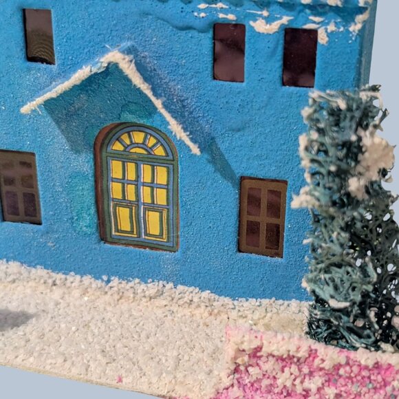 Vintage 1950s Christmas Japanese Putz House Blue Cardboard Town Hall - Picture 4 of 4